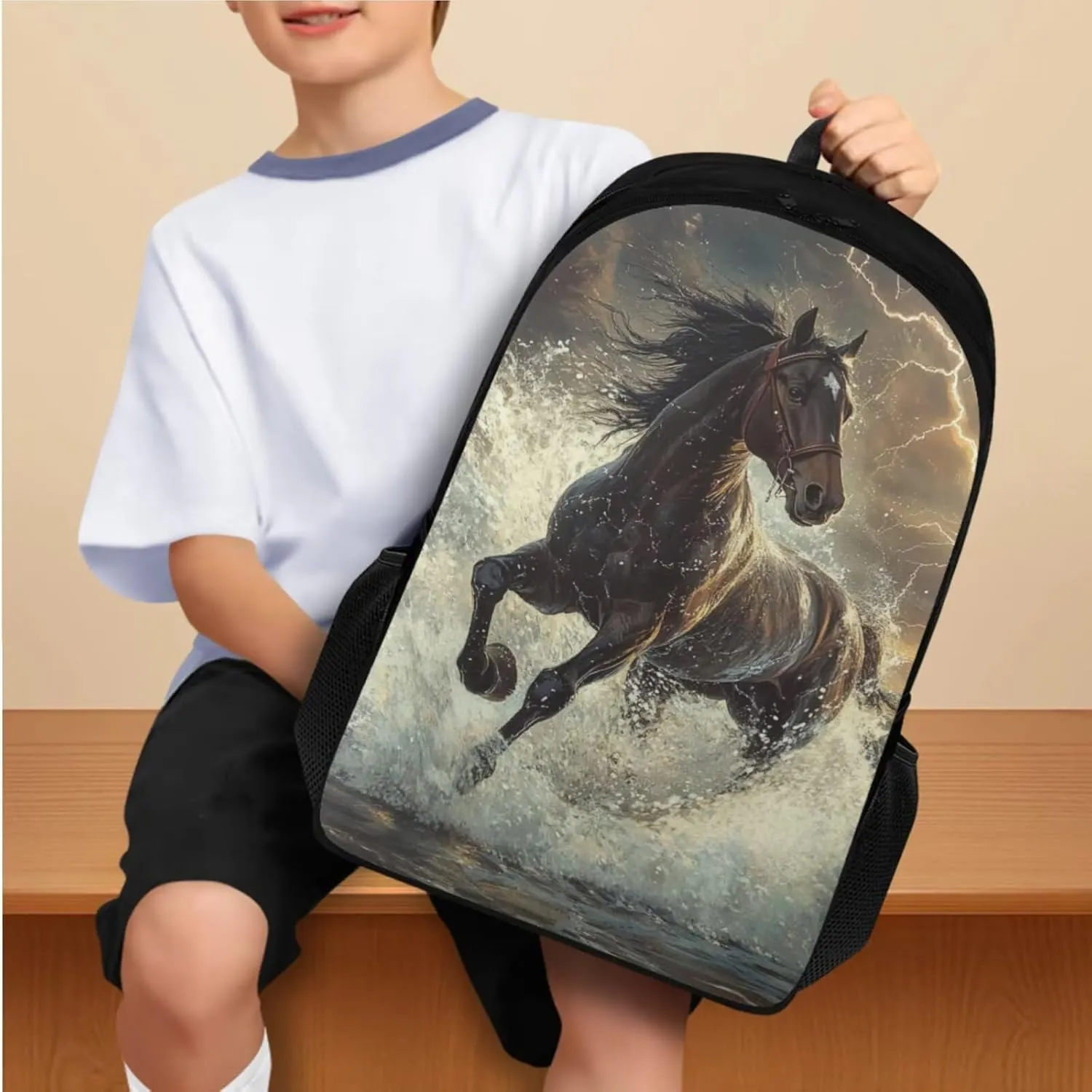 4 in 1 Horse Elementary School Backpack for Boys Bookbags for Kids 6-8 with Lunch Bag Pencil Box Water Bottle Sleeve Large Capacity Elementary School Bags for Boys Cool Backpacks