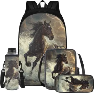 4 in 1 Horse Elementary School Backpack for Boys Bookbags for Kids 6-8 with Lunch Bag Pencil Box Water Bottle Sleeve Large Capacity Elementary School Bags for Boys Cool Backpacks