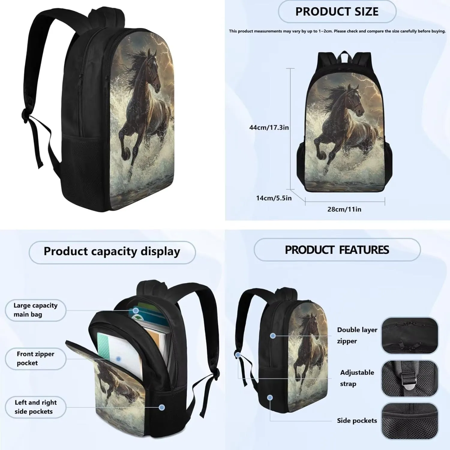 4 in 1 Horse Elementary School Backpack for Boys Bookbags for Kids 6-8 with Lunch Bag Pencil Box Water Bottle Sleeve Large Capacity Elementary School Bags for Boys Cool Backpacks
