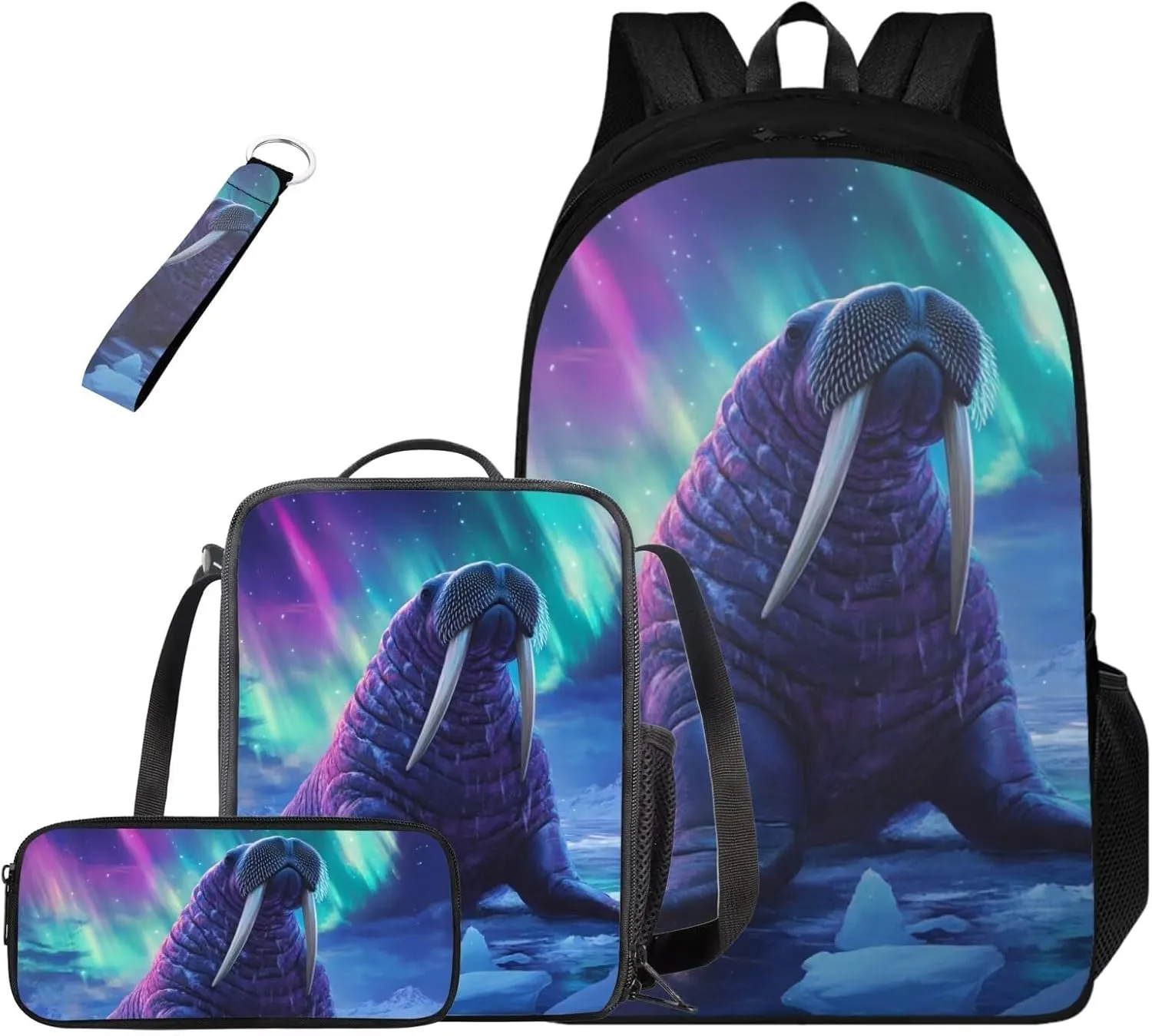 4 in 1 School Backpack for Teens Boys with Walrus Print Large Capacity Boys School Bag with Lunch Bag Cool Lightweight Bookbag for Teens 8-12 Casual Travel Daypack Rucksack