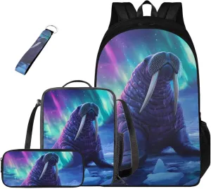 4 in 1 School Backpack for Teens Boys with Walrus Print Large Capacity Boys School Bag with Lunch Bag Cool Lightweight Bookbag for Teens 8-12 Casual Travel Daypack Rucksack