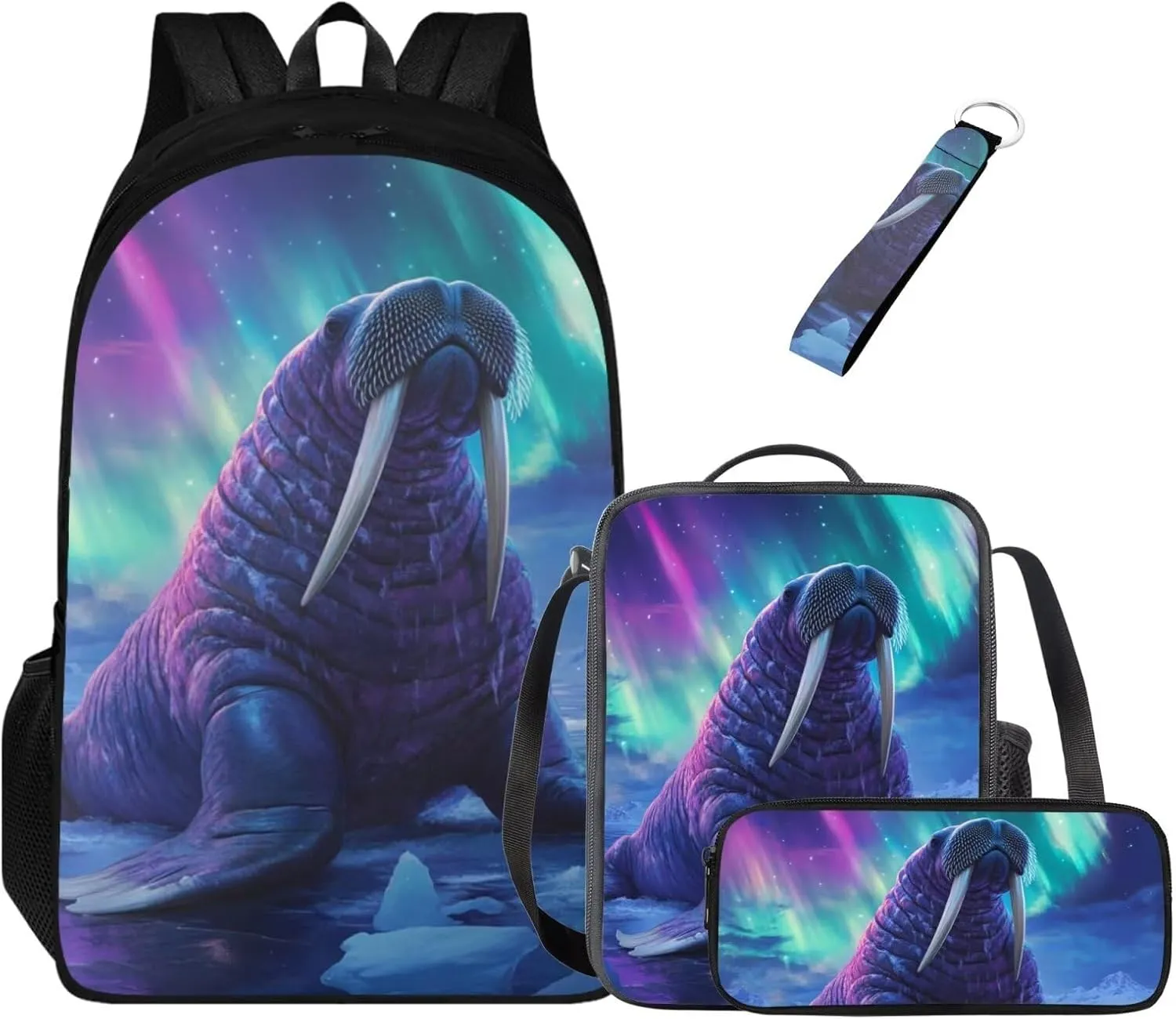 4 in 1 School Backpack for Teens Boys with Walrus Print Large Capacity Boys School Bag with Lunch Bag Cool Lightweight Bookbag for Teens 8-12 Casual Travel Daypack Rucksack