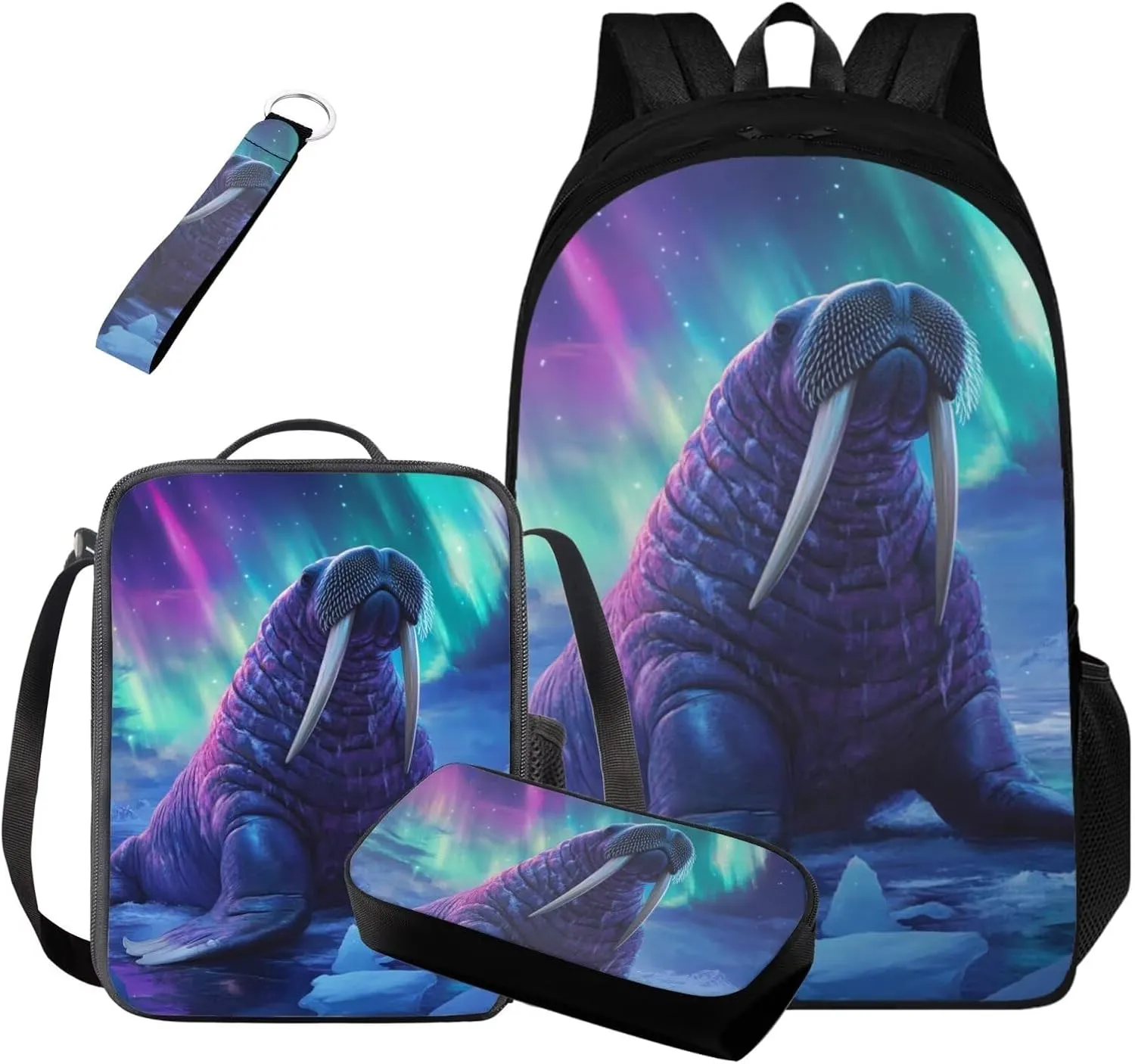 4 in 1 School Backpack for Teens Boys with Walrus Print Large Capacity Boys School Bag with Lunch Bag Cool Lightweight Bookbag for Teens 8-12 Casual Travel Daypack Rucksack