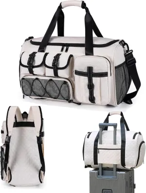 4 In1Sports Duffel Bags-Waterproof Gym Bag with Shoe Compartment;Personal Item Bag with Wet Pocket; Thicken Overnight Bag&Weekender Bag-Gym Bag for Women&Men Travel, Sports, Fitness (White)