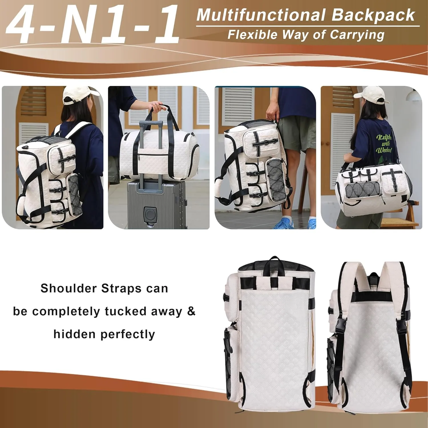 4 In1Sports Duffel Bags-Waterproof Gym Bag with Shoe Compartment;Personal Item Bag with Wet Pocket; Thicken Overnight Bag&Weekender Bag-Gym Bag for Women&Men Travel, Sports, Fitness (White)