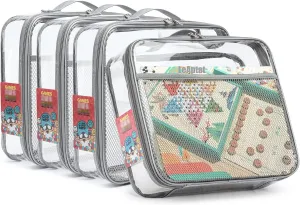 4 Pack Clear PVC Waterproof Toy Storage Bags with Name Tag Pockets - Zippered Organizer for 2x4 Building Blocks, Puzzles, Travel Toiletries, Kids Room Organization (Gray, Small)