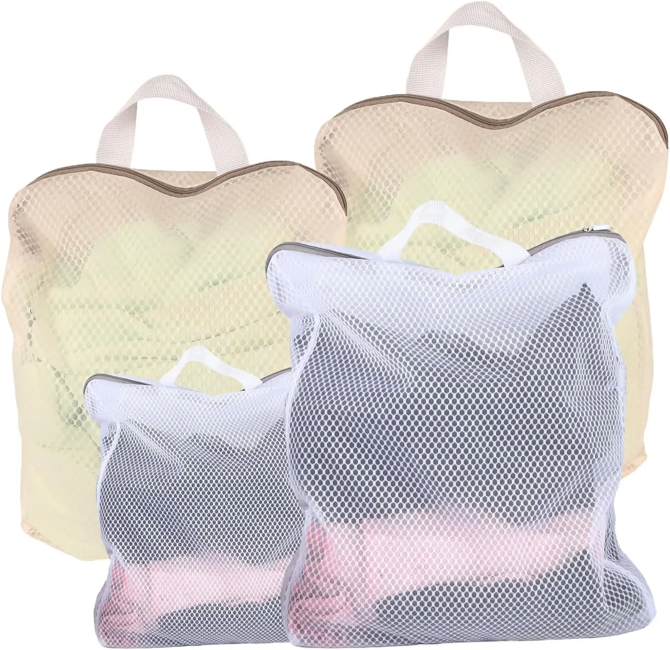 4 Pack Mesh Laundry Bag Mesh Laundry Bags Laundry with Handle for Washing Socks, Baby Items, Lingerie, Travel Garments (WHITE BEIGE1, 4)