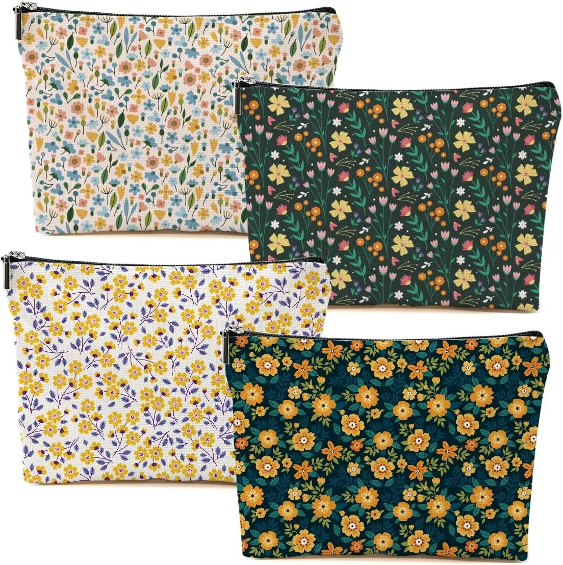 4 Packs Cute Flowers Makeup Bag Floral Wildflower Cosmetic Bag Friend Friendship Gifts for Women Girls Sister Coworker Botanical Travel Organizer Zipper Pouch Christmas Thanksgiving Birthday Gifts