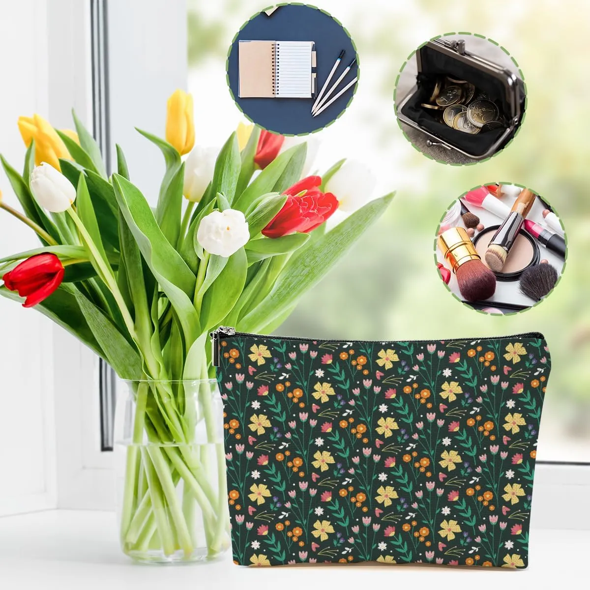 4 Packs Cute Flowers Makeup Bag Floral Wildflower Cosmetic Bag Friend Friendship Gifts for Women Girls Sister Coworker Botanical Travel Organizer Zipper Pouch Christmas Thanksgiving Birthday Gifts