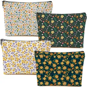 4 Packs Cute Flowers Makeup Bag Floral Wildflower Cosmetic Bag Friend Friendship Gifts for Women Girls Sister Coworker Botanical Travel Organizer Zipper Pouch Christmas Thanksgiving Birthday Gifts