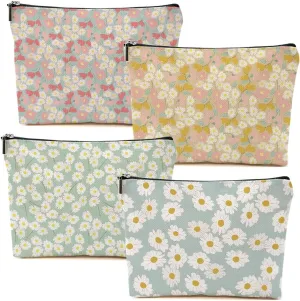 4 Packs Vintage Daisy Flowers Makeup Bag Floral Cosmetic Bag Friend Friendship Gifts for Women Girls Sister Coworker Botanical Travel Organizer Zipper Pouch Christmas Thanksgiving Birthday Gifts