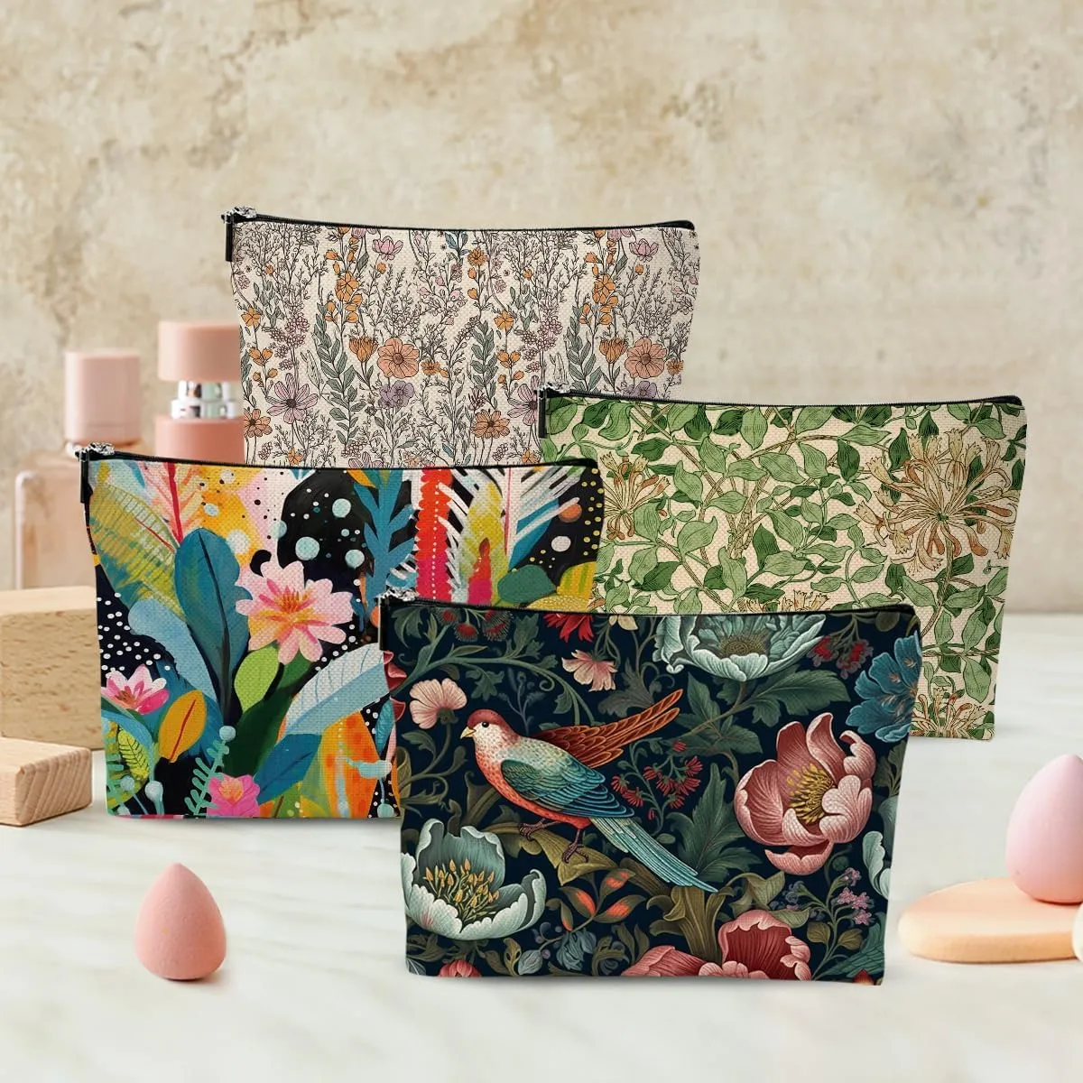 4 Pcs Cosmetic Bags for Women Makeup Bag, Thank You Gifts Graduation Birthday Friendship Gifts for Girls Friends Bestie Grandma Teacher Travel Toiletry Bag, Vintage Abstract Botanical Flower Bird