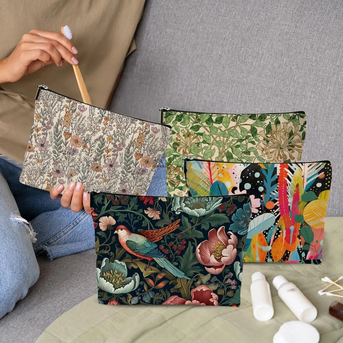 4 Pcs Cosmetic Bags for Women Makeup Bag, Thank You Gifts Graduation Birthday Friendship Gifts for Girls Friends Bestie Grandma Teacher Travel Toiletry Bag, Vintage Abstract Botanical Flower Bird