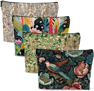 4 Pcs Cosmetic Bags for Women Makeup Bag, Thank You Gifts Graduation Birthday Friendship Gifts for Girls Friends Bestie Grandma Teacher Travel Toiletry Bag, Vintage Abstract Botanical Flower Bird
