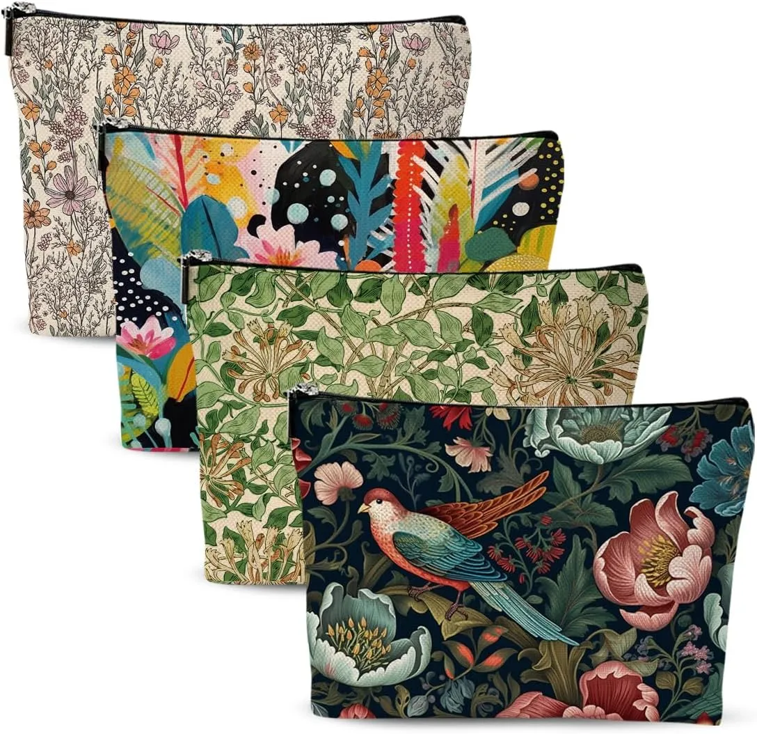 4 Pcs Cosmetic Bags for Women Makeup Bag, Thank You Gifts Graduation Birthday Friendship Gifts for Girls Friends Bestie Grandma Teacher Travel Toiletry Bag, Vintage Abstract Botanical Flower Bird