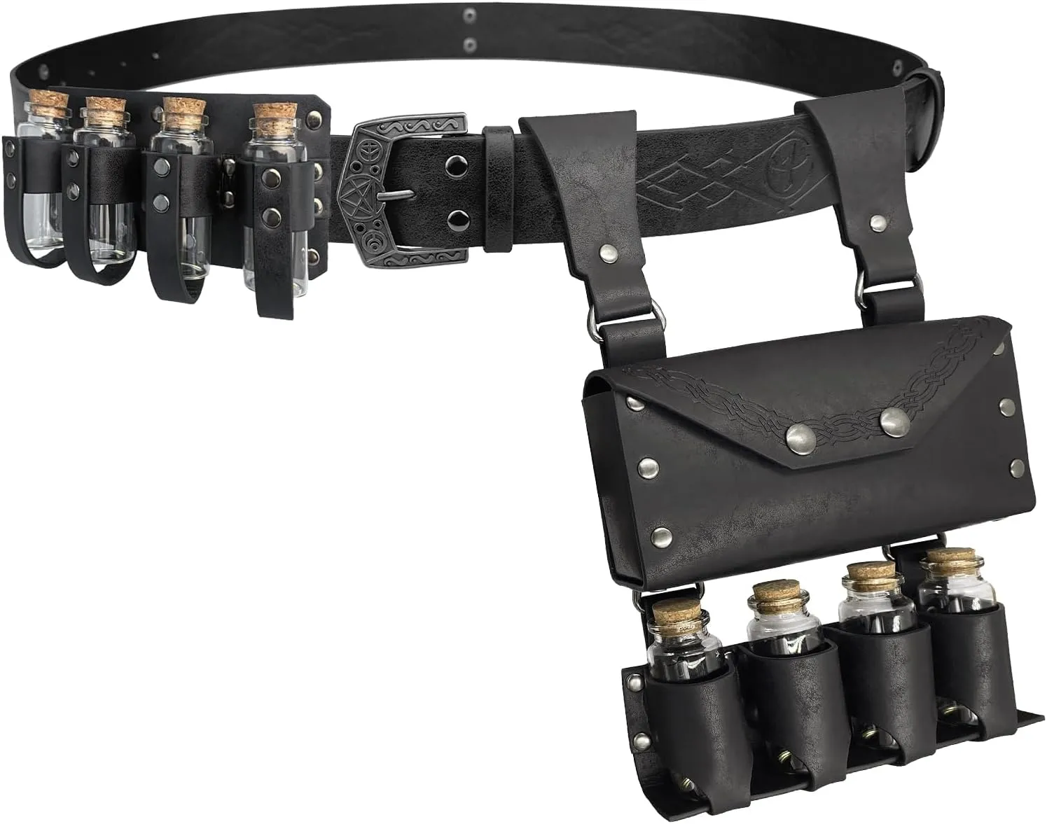 4 PCs Medieval Alchemy Belt Waist Pack Combo with Multiple Potion Bottles, Viking Rivet Belt Side Pouch for Cosplay