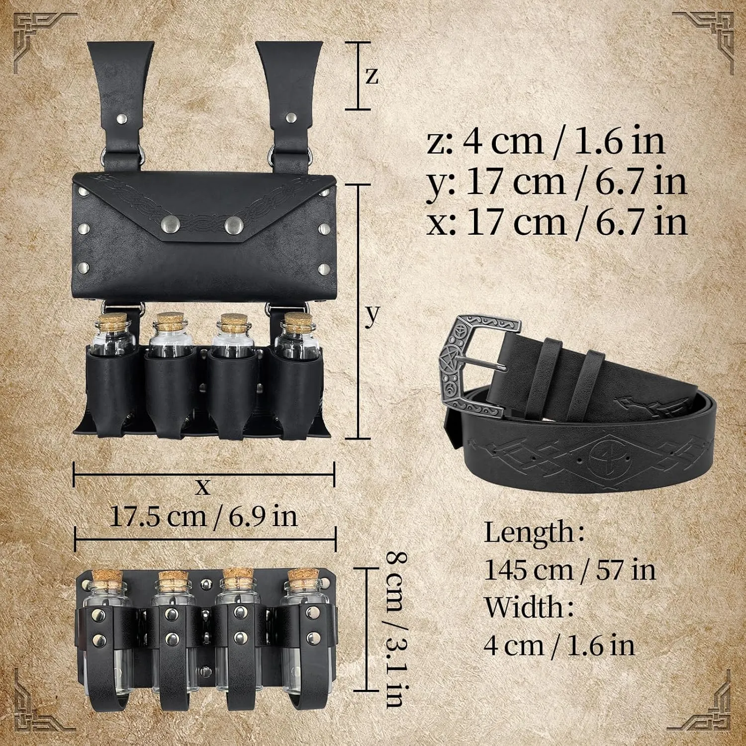 4 PCs Medieval Alchemy Belt Waist Pack Combo with Multiple Potion Bottles, Viking Rivet Belt Side Pouch for Cosplay