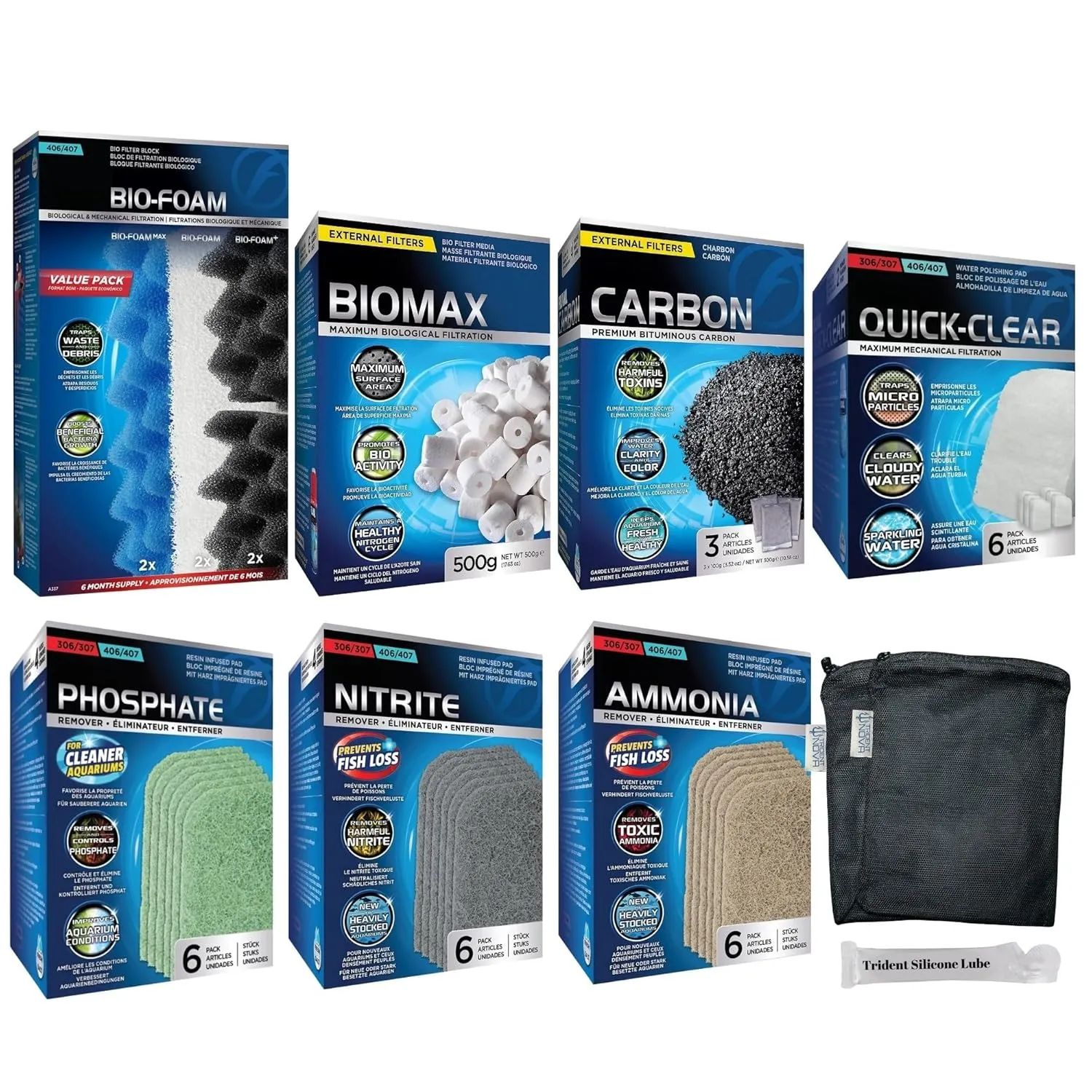 406/407 Filter Media Canister Filter Maintenance & Replacement Filter Media Kit, Including Trident Nova Mesh Bags(Quick Clear, BioFoam, Nitrite/Phosphate/Ammonia Remover, Carbon, Biomax)