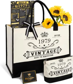 46th Birthday Gifts for Women Canvas Tote Bag Travel Gear, Unique 46 Years Old Birthday Gifts for Girlfriend Sister Friends Her, Vintage 1979 Handbag & Cosmetic Bag & Back in 1979 Poster