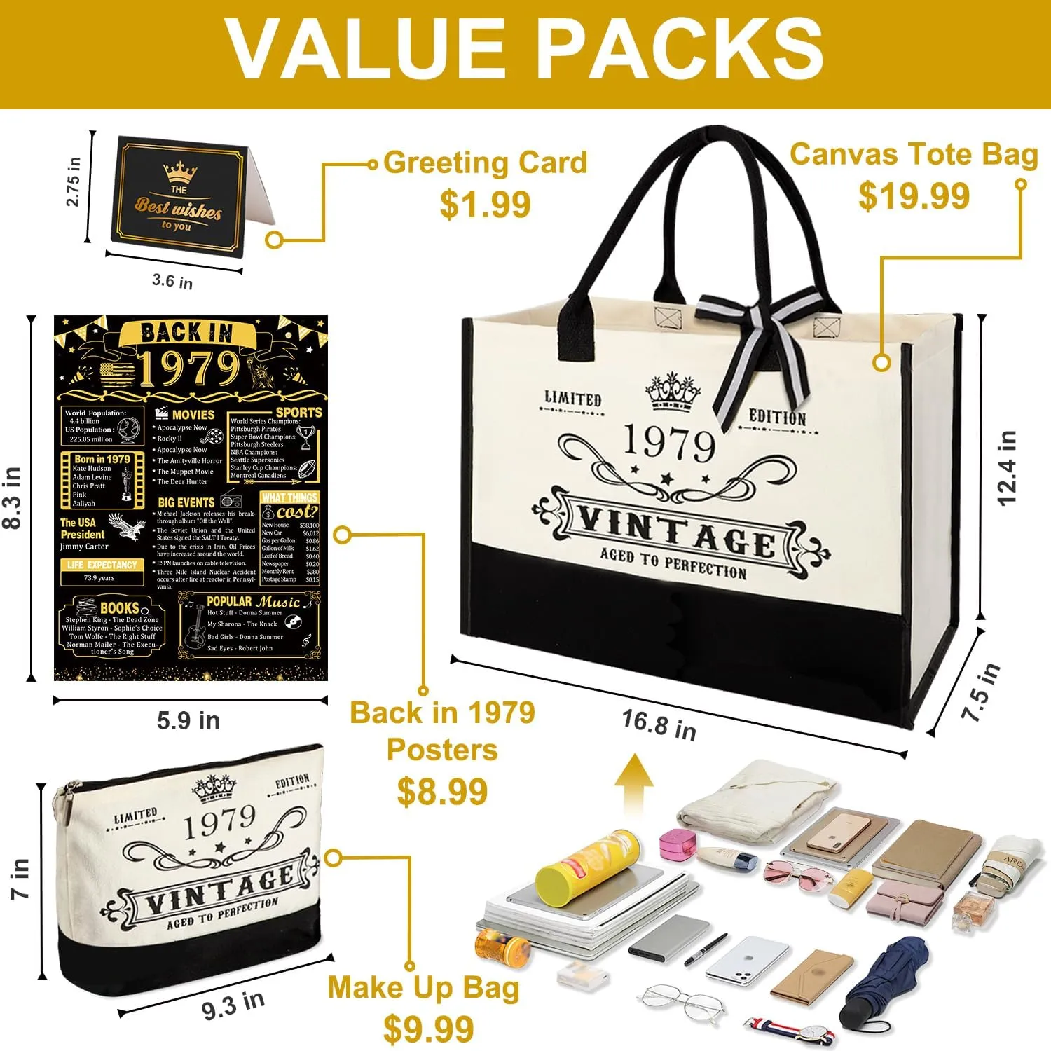 46th Birthday Gifts for Women Canvas Tote Bag Travel Gear, Unique 46 Years Old Birthday Gifts for Girlfriend Sister Friends Her, Vintage 1979 Handbag & Cosmetic Bag & Back in 1979 Poster