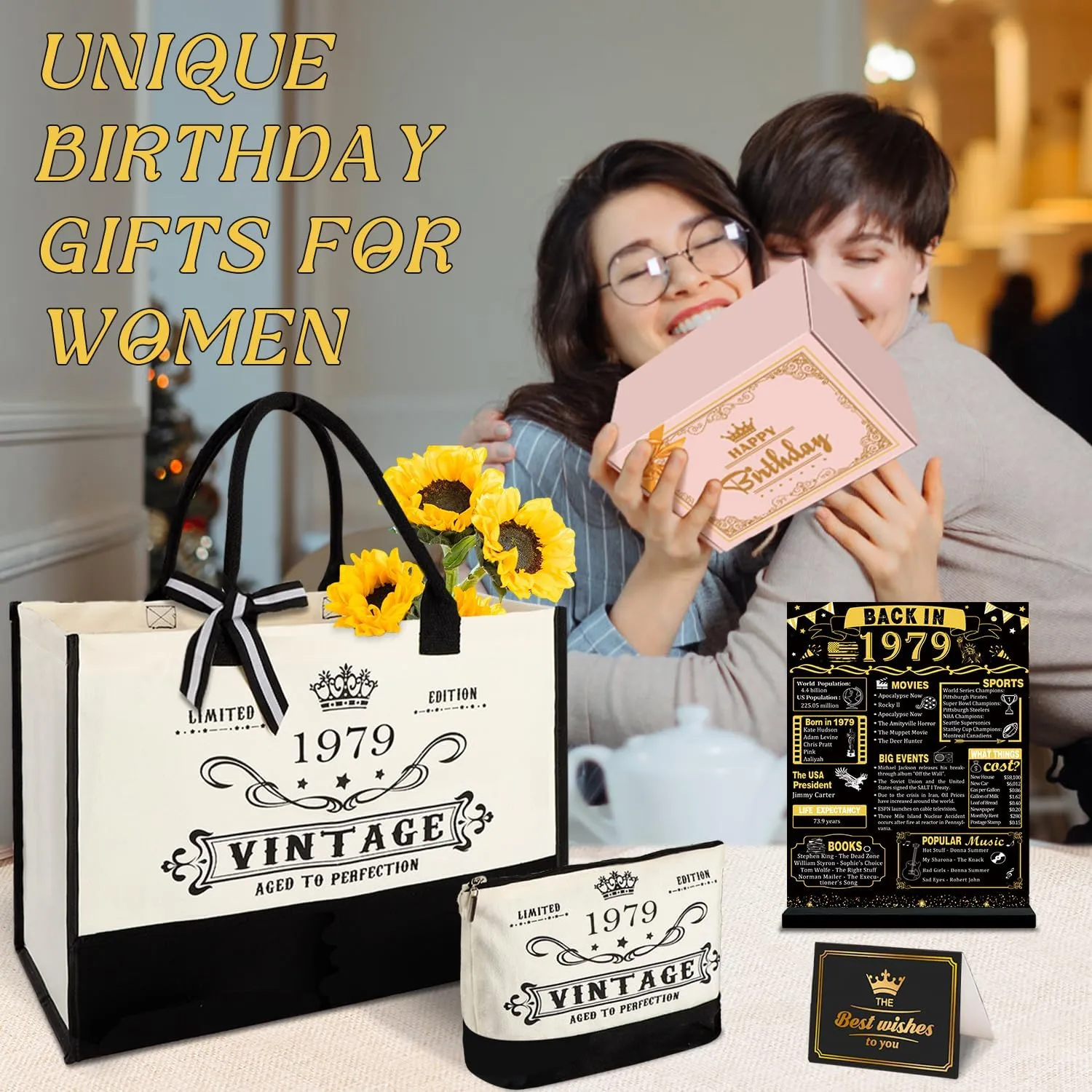 46th Birthday Gifts for Women Canvas Tote Bag Travel Gear, Unique 46 Years Old Birthday Gifts for Girlfriend Sister Friends Her, Vintage 1979 Handbag & Cosmetic Bag & Back in 1979 Poster