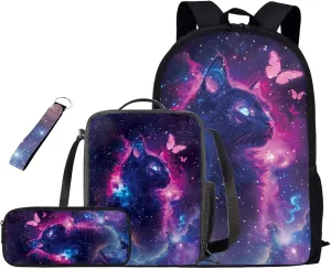 4PCS Backpack Set for Girls Black Cat School Bags with Lunch Box Keychain and Zipper Pencil Case Lightweight Sturdy Bookbags for Students Elementary or Middle School