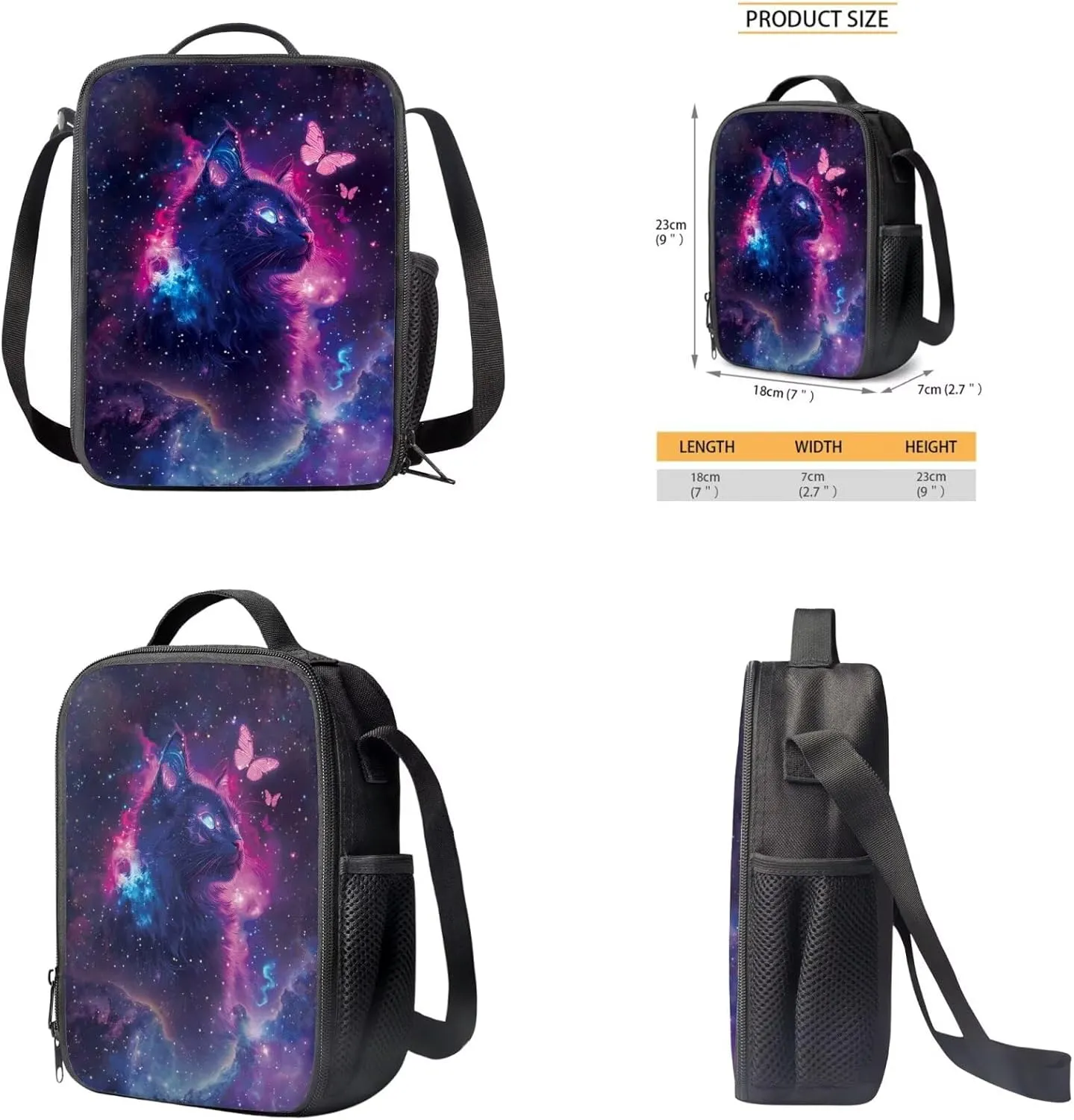 4PCS Backpack Set for Girls Black Cat School Bags with Lunch Box Keychain and Zipper Pencil Case Lightweight Sturdy Bookbags for Students Elementary or Middle School