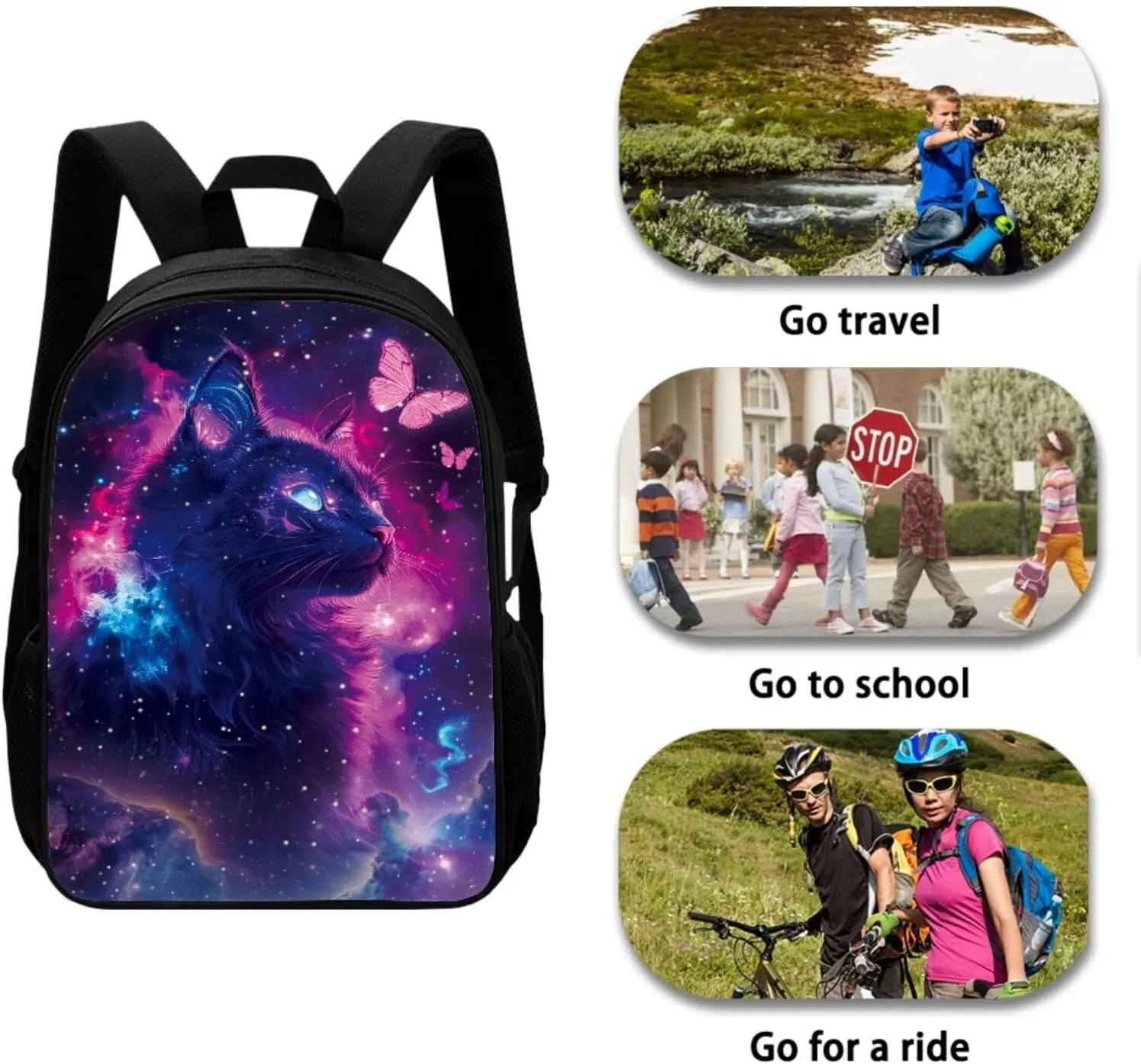 4PCS Backpack Set for Girls Black Cat School Bags with Lunch Box Keychain and Zipper Pencil Case Lightweight Sturdy Bookbags for Students Elementary or Middle School
