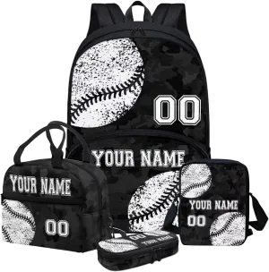 4Pcs Custom Baseball Style Backpack Set, Black Camo School Backpacks Bookbag Lunch Box Cross Body Bag Pencil Case for Kids Girls Boys
