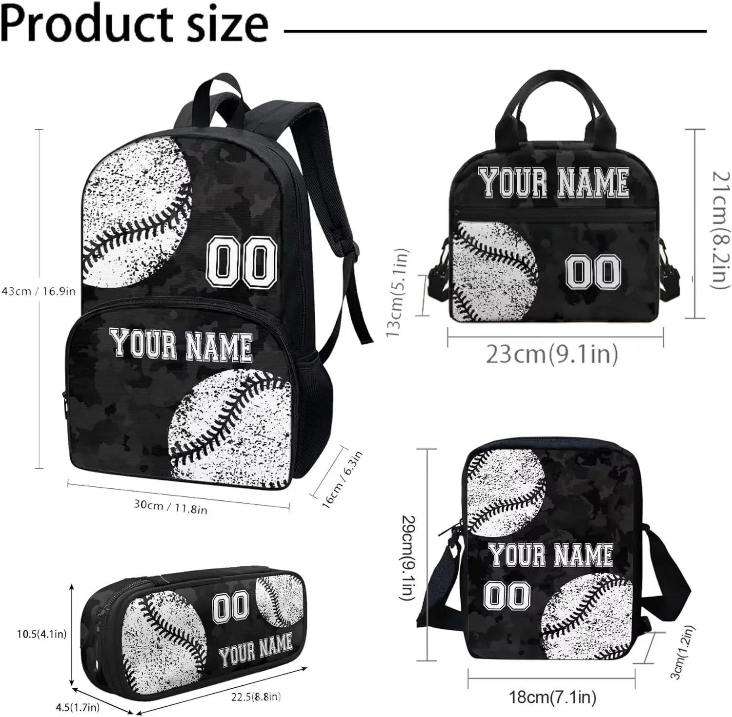 4Pcs Custom Baseball Style Backpack Set, Black Camo School Backpacks Bookbag Lunch Box Cross Body Bag Pencil Case for Kids Girls Boys