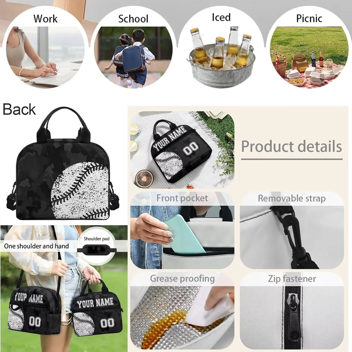 4Pcs Custom Baseball Style Backpack Set, Black Camo School Backpacks Bookbag Lunch Box Cross Body Bag Pencil Case for Kids Girls Boys