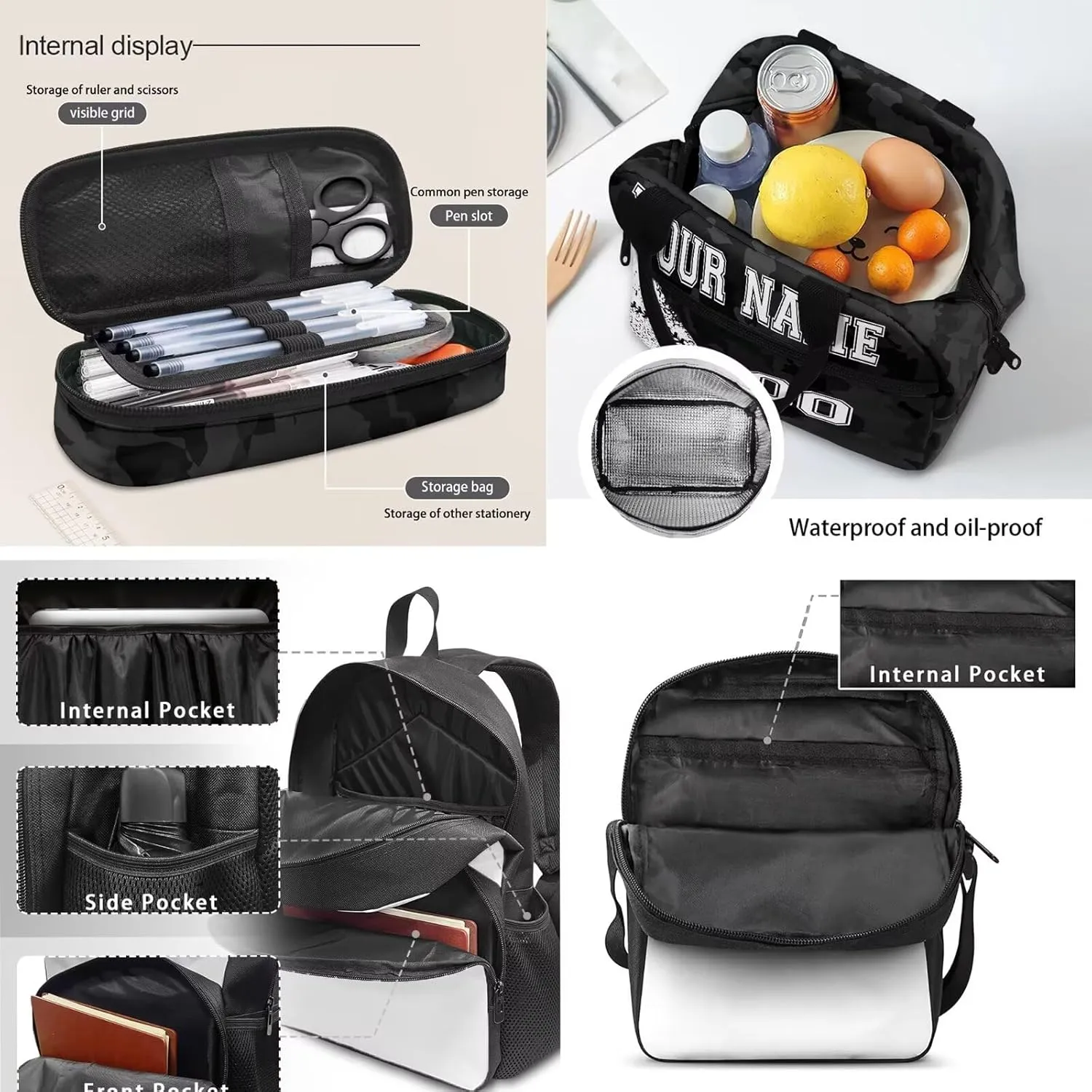 4Pcs Custom Baseball Style Backpack Set, Black Camo School Backpacks Bookbag Lunch Box Cross Body Bag Pencil Case for Kids Girls Boys