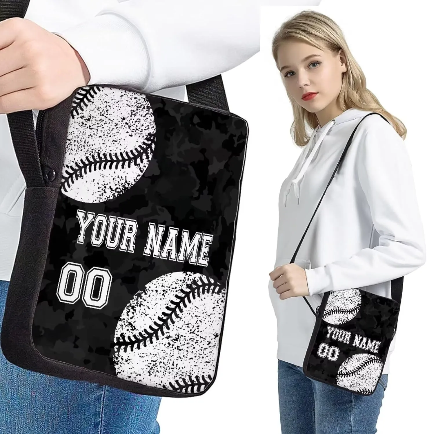 4Pcs Custom Baseball Style Backpack Set, Black Camo School Backpacks Bookbag Lunch Box Cross Body Bag Pencil Case for Kids Girls Boys