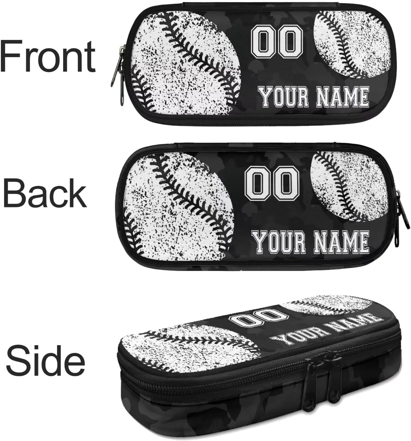 4Pcs Custom Baseball Style Backpack Set, Black Camo School Backpacks Bookbag Lunch Box Cross Body Bag Pencil Case for Kids Girls Boys