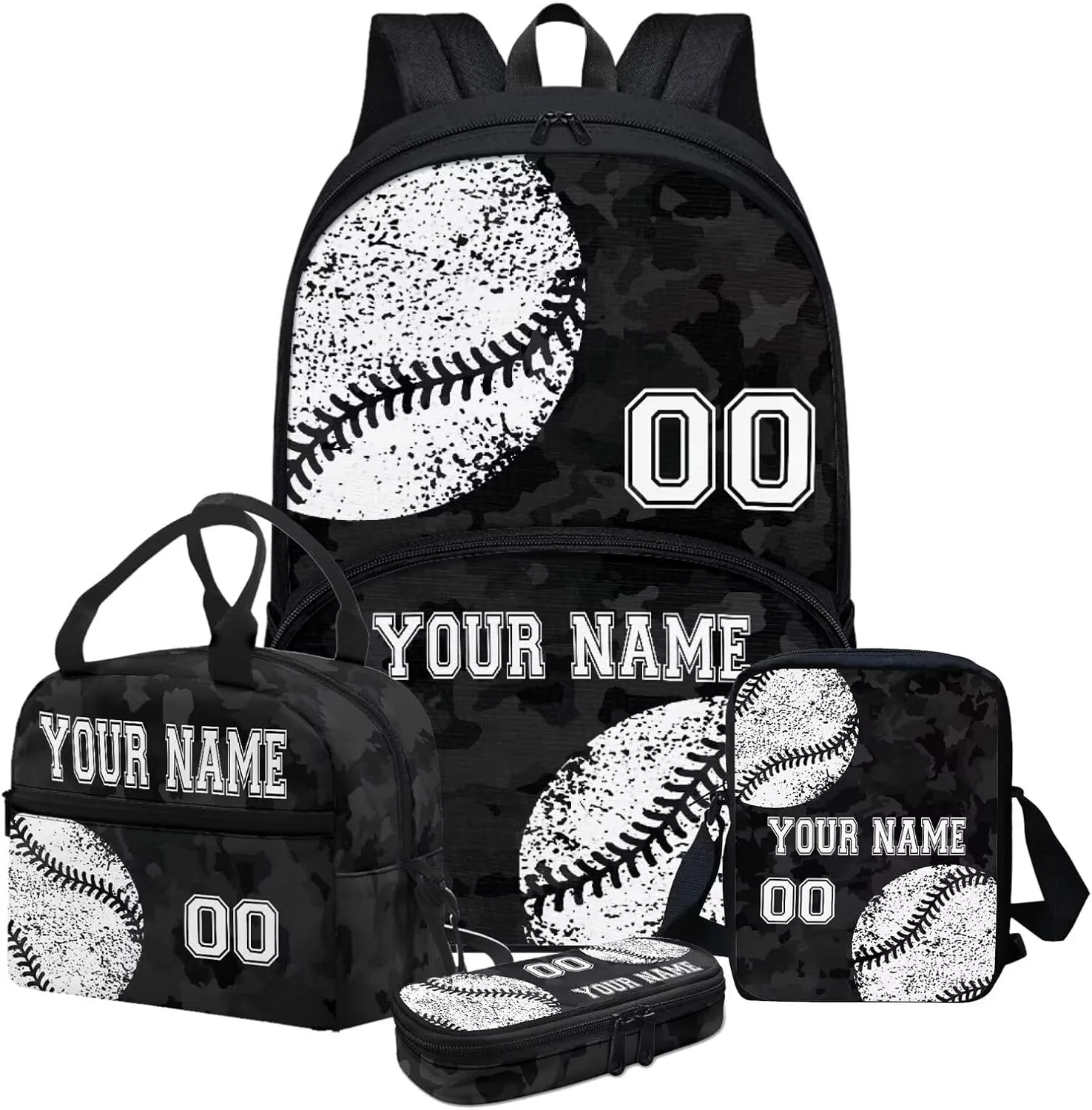 4Pcs Custom Baseball Style Backpack Set, Black Camo School Backpacks Bookbag Lunch Box Cross Body Bag Pencil Case for Kids Girls Boys