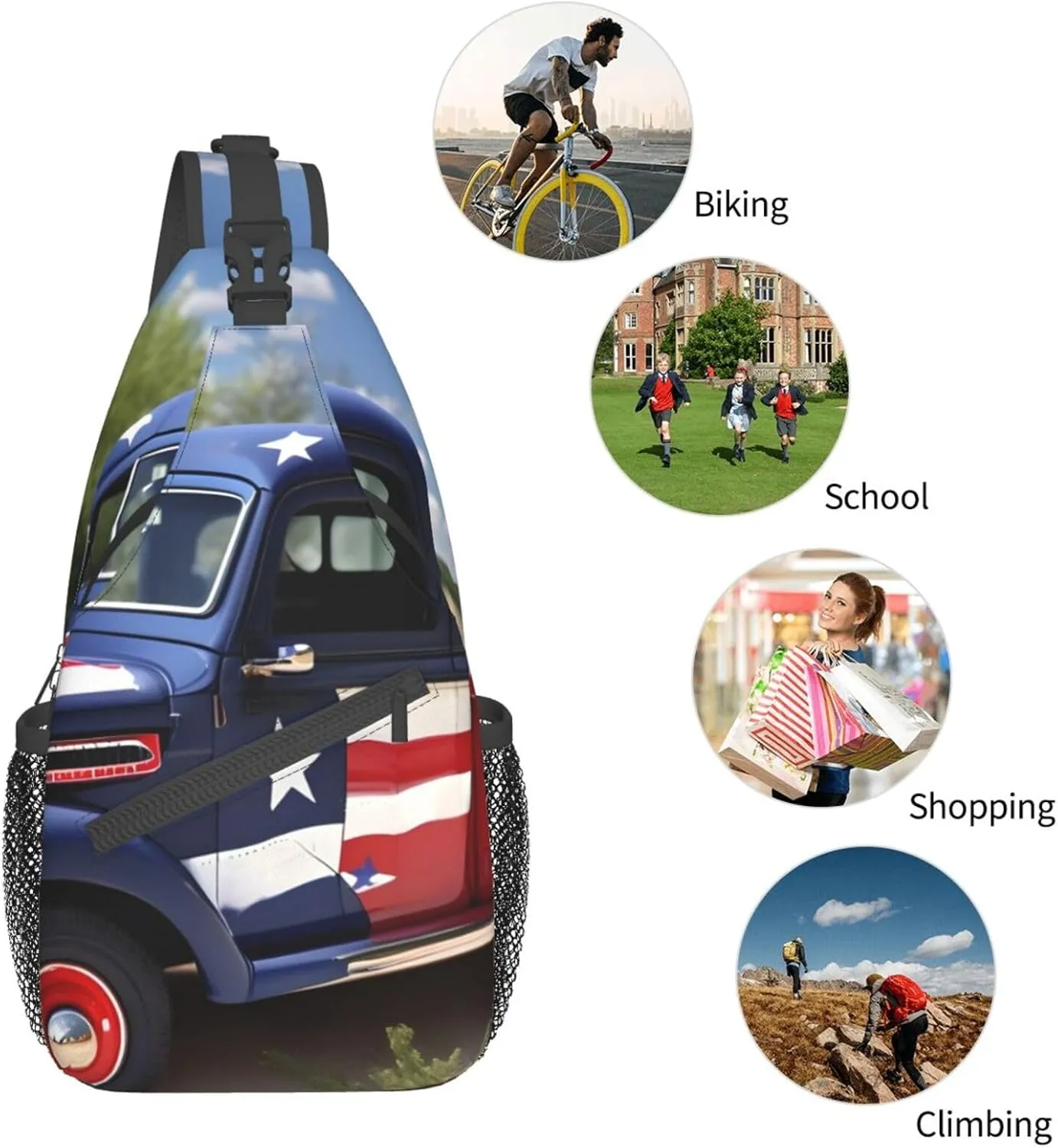 4th Of July Patriotic Trucks Print Sling Backpack, Sling Bag, Crossbody Chest Bag Daypack, for Hiking Travel