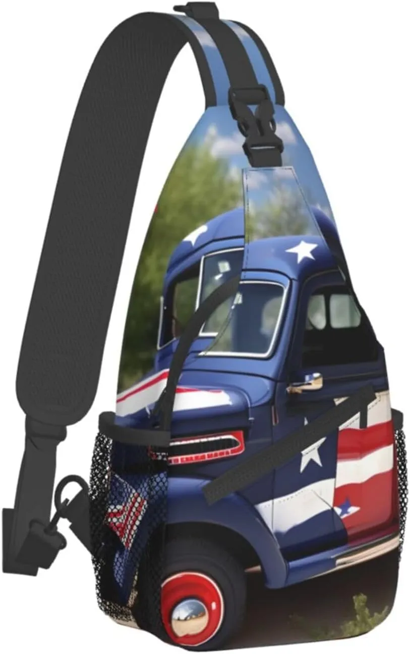 4th Of July Patriotic Trucks Print Sling Backpack, Sling Bag, Crossbody Chest Bag Daypack, for Hiking Travel