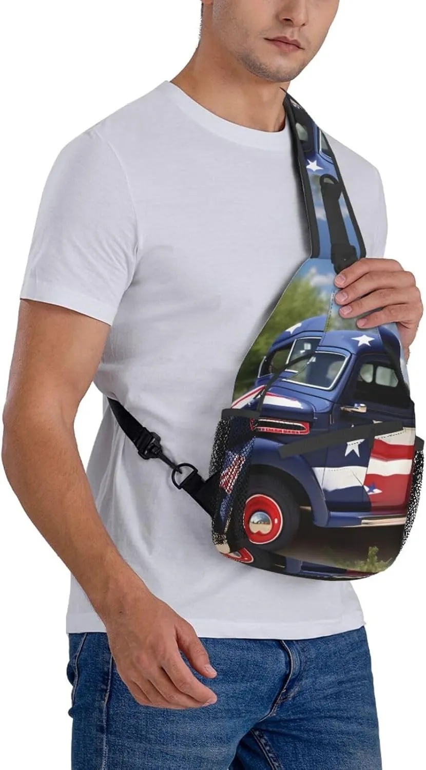 4th Of July Patriotic Trucks Print Sling Backpack, Sling Bag, Crossbody Chest Bag Daypack, for Hiking Travel