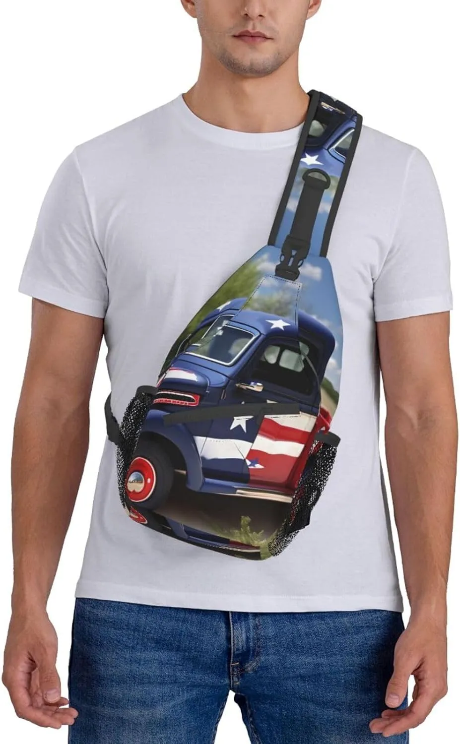 4th Of July Patriotic Trucks Print Sling Backpack, Sling Bag, Crossbody Chest Bag Daypack, for Hiking Travel
