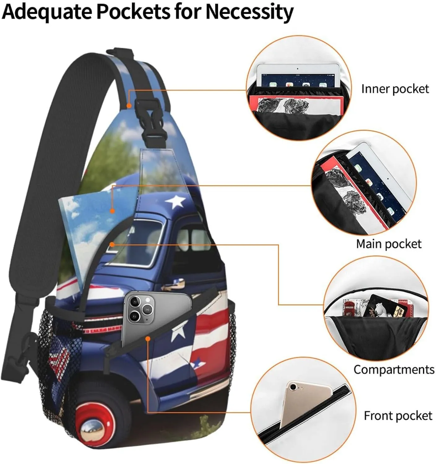 4th Of July Patriotic Trucks Print Sling Backpack, Sling Bag, Crossbody Chest Bag Daypack, for Hiking Travel