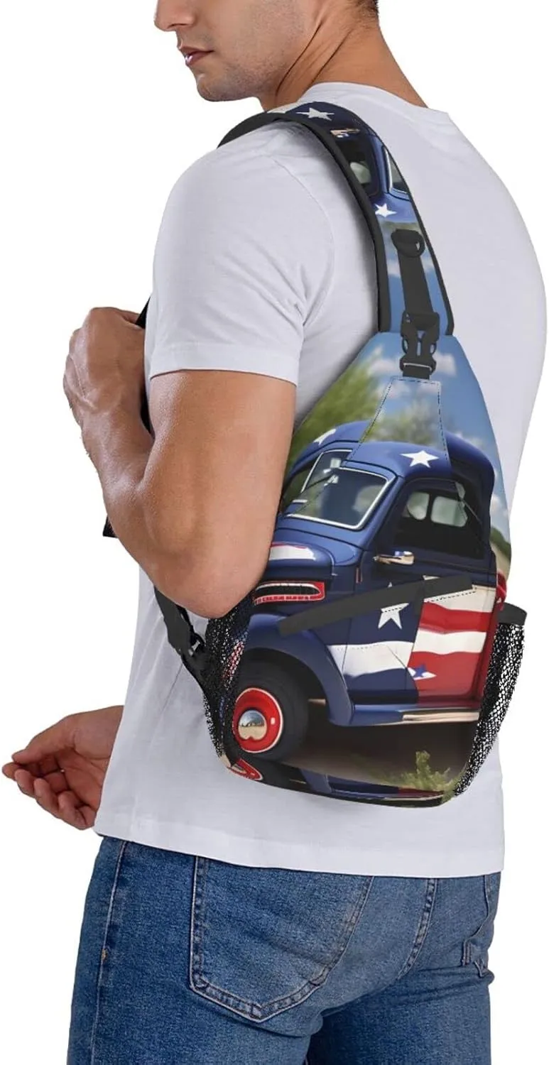 4th Of July Patriotic Trucks Print Sling Backpack, Sling Bag, Crossbody Chest Bag Daypack, for Hiking Travel
