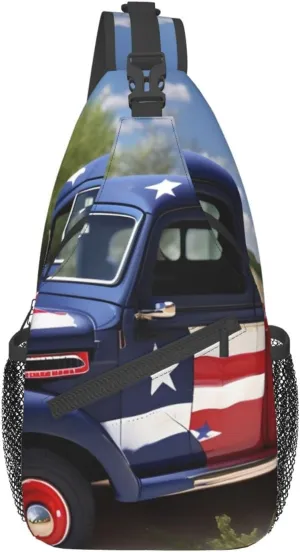 4th Of July Patriotic Trucks Print Sling Backpack, Sling Bag, Crossbody Chest Bag Daypack, for Hiking Travel
