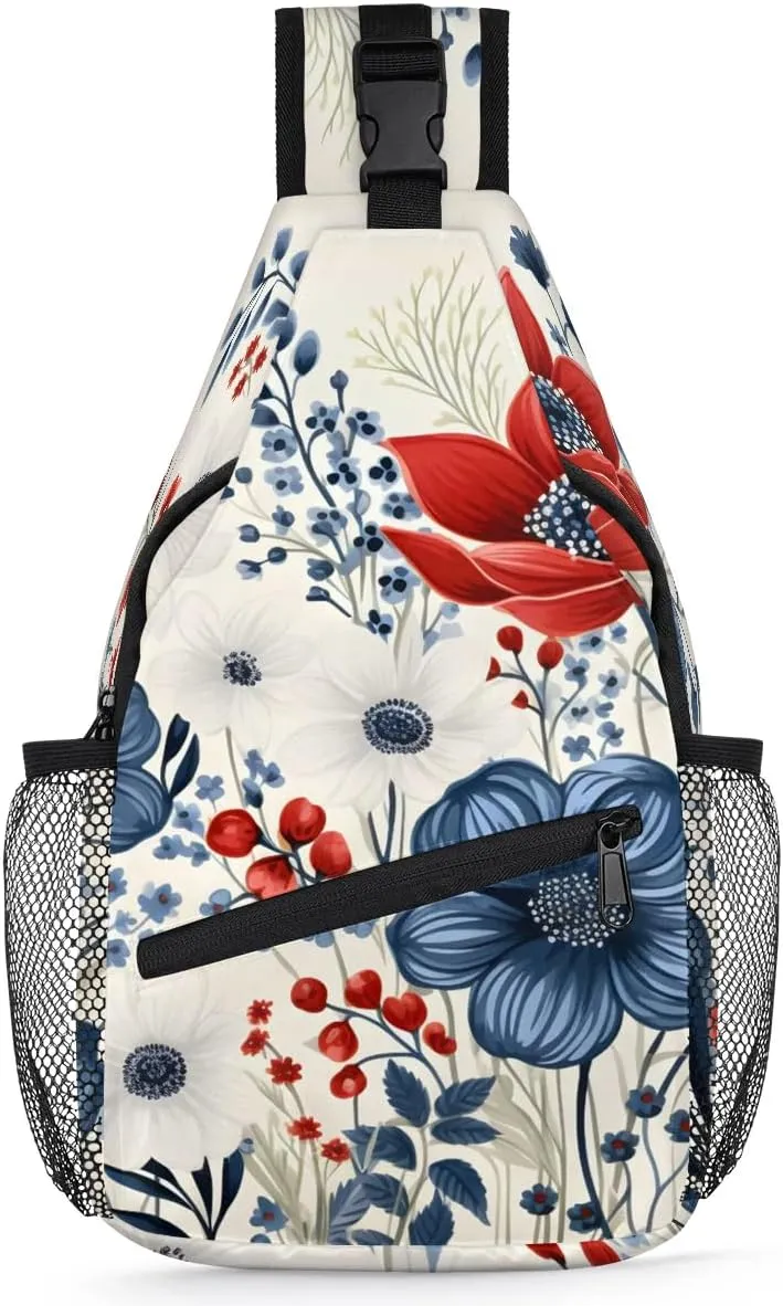 4th of July Sling Backpack for Women, Crossbody Sling Bag, Flower Patriotic Memorial Day Chest Bag Fanny Pack Cross Body Bag for Outdoors Hiking Traveling