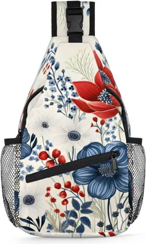 4th of July Sling Backpack for Women, Crossbody Sling Bag, Flower Patriotic Memorial Day Chest Bag Fanny Pack Cross Body Bag for Outdoors Hiking Traveling