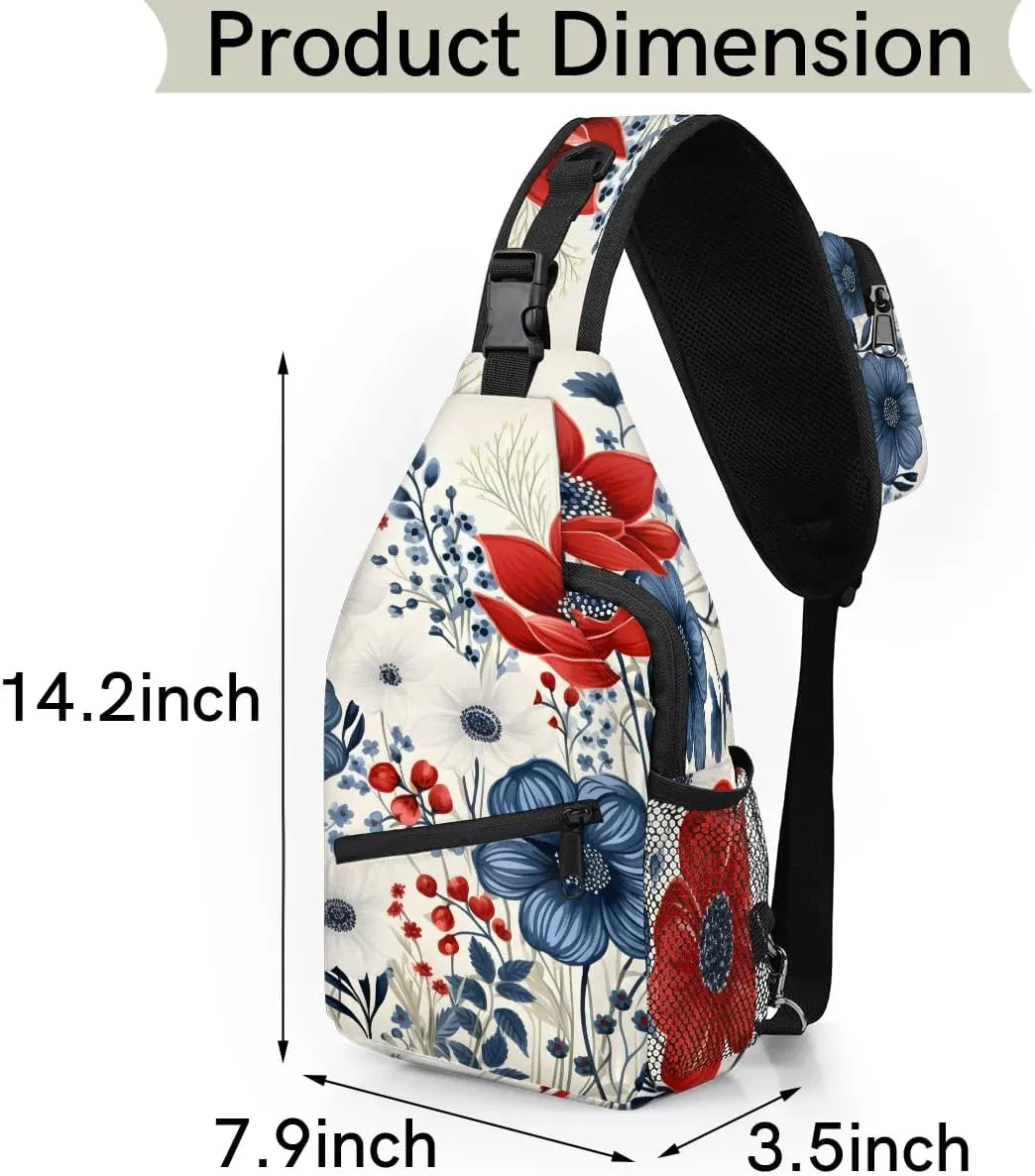 4th of July Sling Backpack for Women, Crossbody Sling Bag, Flower Patriotic Memorial Day Chest Bag Fanny Pack Cross Body Bag for Outdoors Hiking Traveling