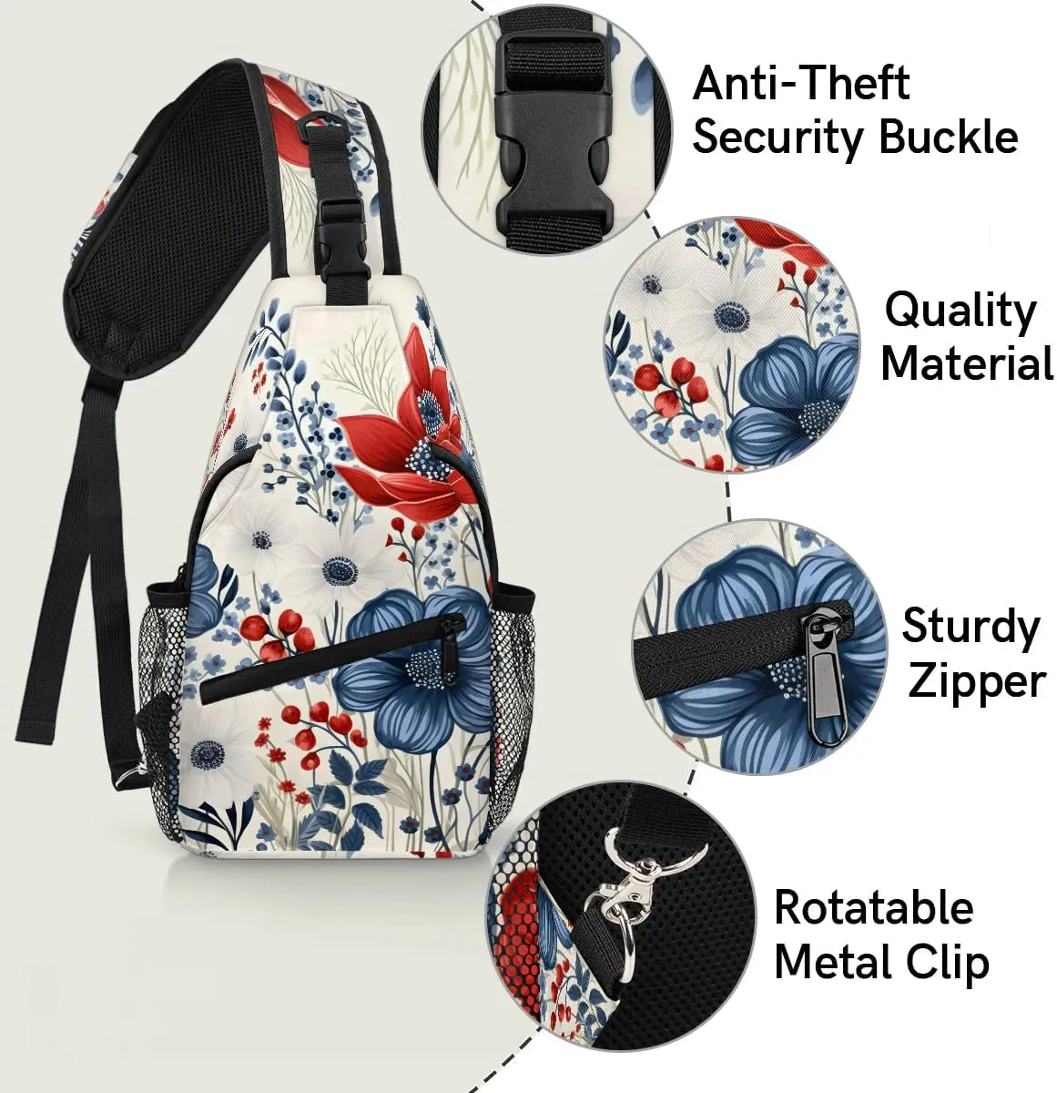 4th of July Sling Backpack for Women, Crossbody Sling Bag, Flower Patriotic Memorial Day Chest Bag Fanny Pack Cross Body Bag for Outdoors Hiking Traveling