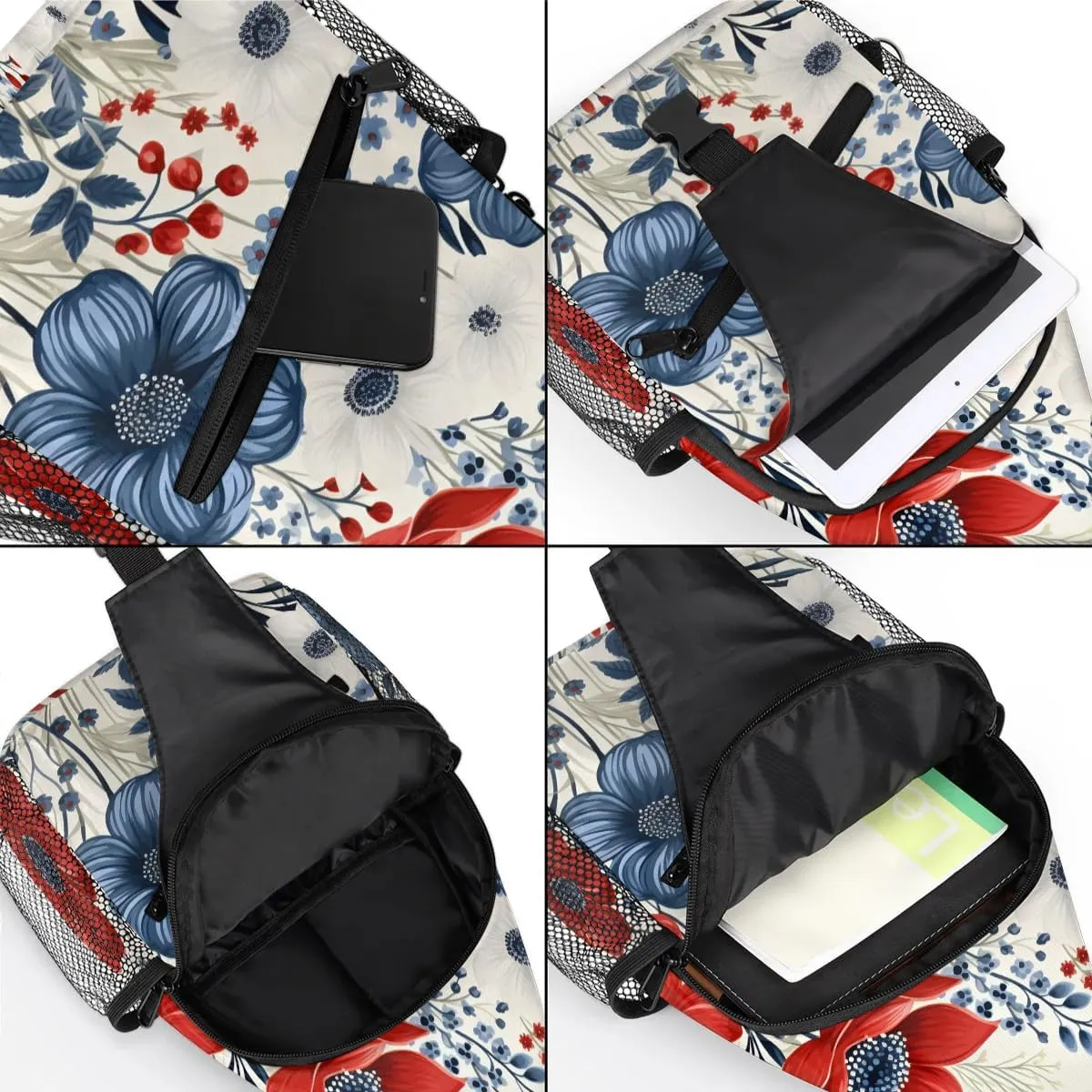 4th of July Sling Backpack for Women, Crossbody Sling Bag, Flower Patriotic Memorial Day Chest Bag Fanny Pack Cross Body Bag for Outdoors Hiking Traveling