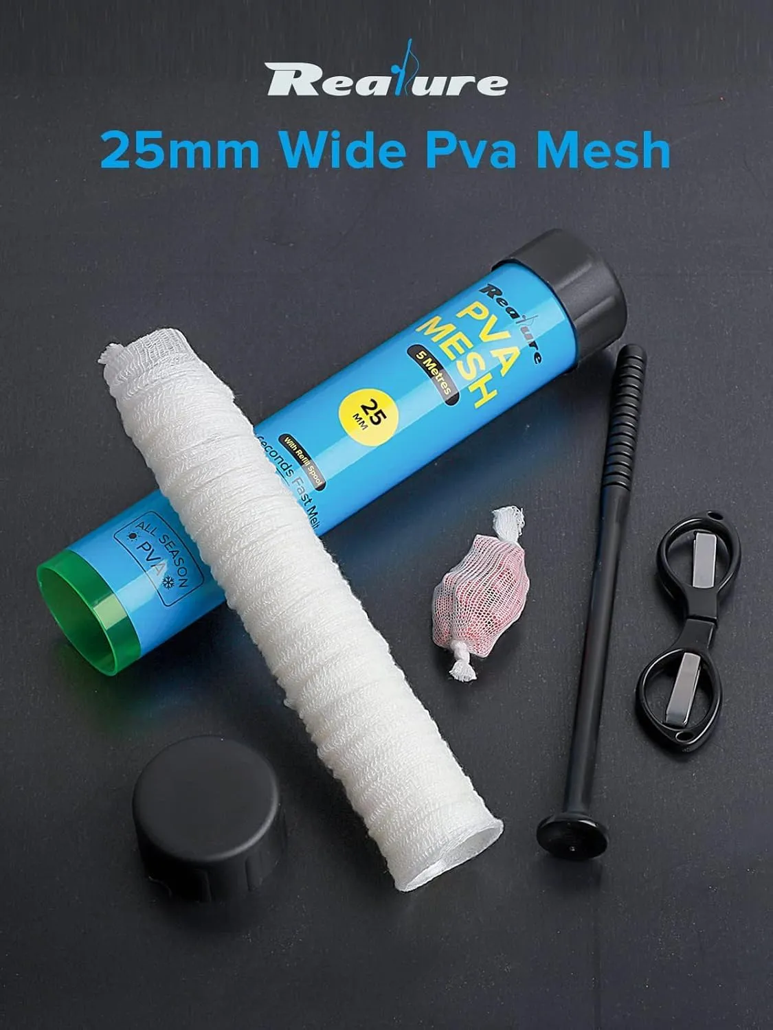 5M PVA Mesh Kit with Scissors 18mm 25mm 37mm 44mm Wide PVA Mesh Carp Fishing Accessories with Funnel & Plunger System Fast Melt PVA Mesh Bag Fishing Refill for Boilie Bait Feeding (5M, 25mm)