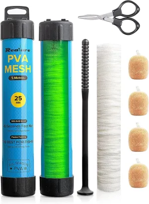 5M PVA Mesh Kit with Scissors 18mm 25mm 37mm 44mm Wide PVA Mesh Carp Fishing Accessories with Funnel & Plunger System Fast Melt PVA Mesh Bag Fishing Refill for Boilie Bait Feeding (5M, 25mm)