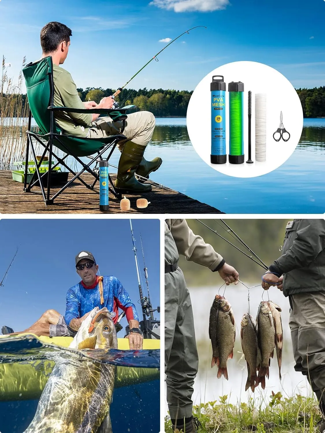 5M PVA Mesh Kit with Scissors 18mm 25mm 37mm 44mm Wide PVA Mesh Carp Fishing Accessories with Funnel & Plunger System Fast Melt PVA Mesh Bag Fishing Refill for Boilie Bait Feeding (5M, 25mm)